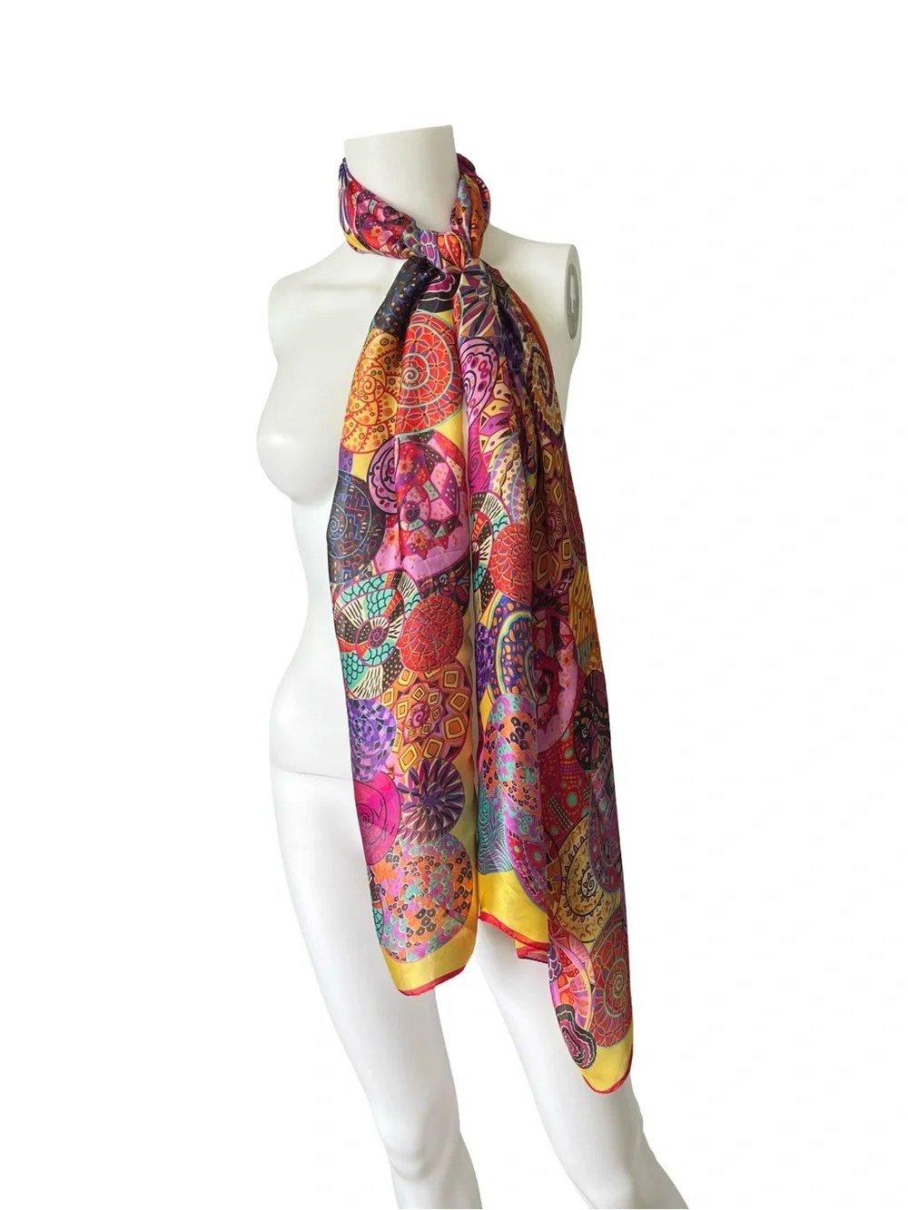 Colorful Large Silk Feel Scarf Circle Print Maximalist Sheer